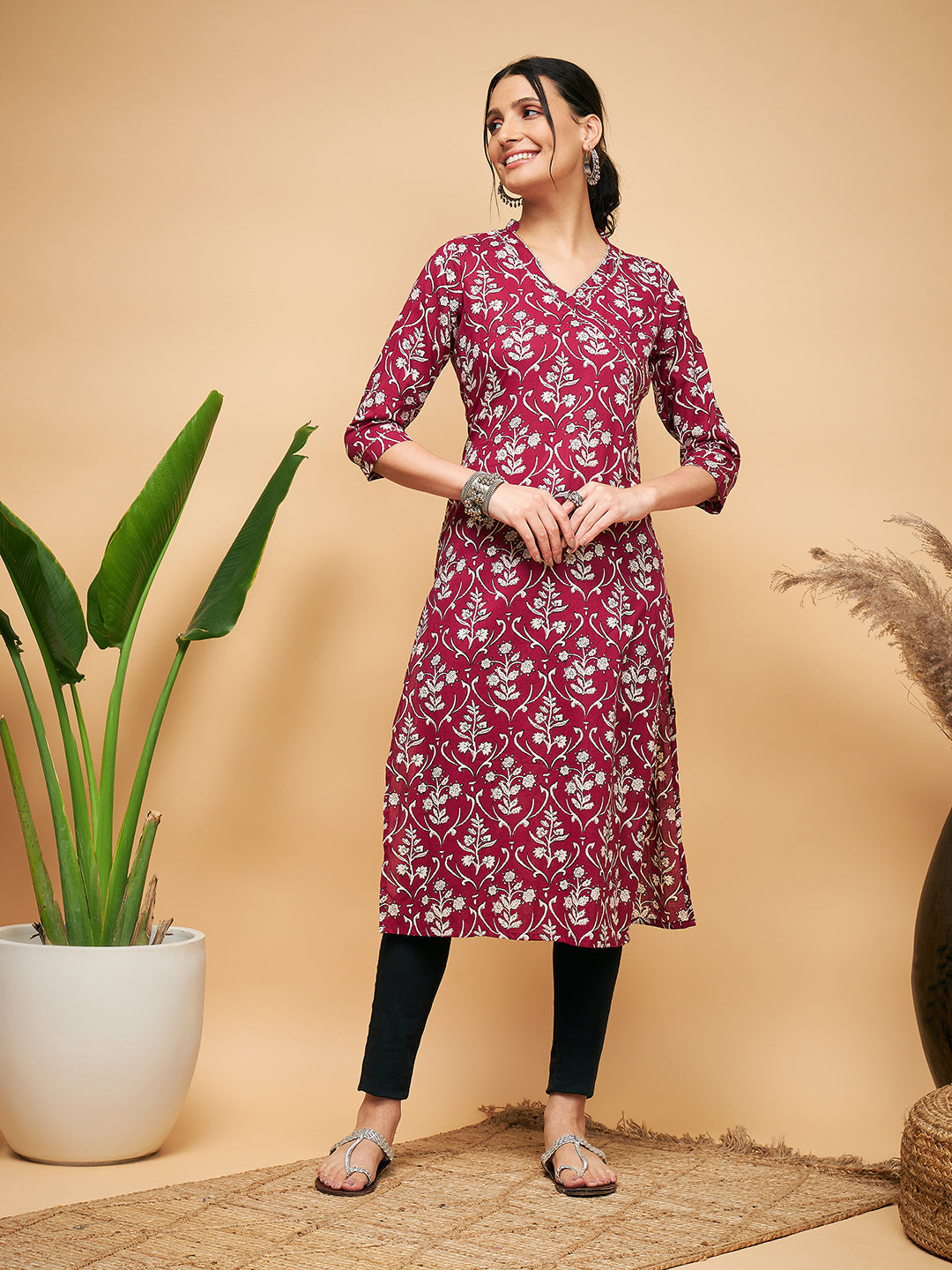 InWeave Women's Wine Floral Print Straight Angrakha Gota Kurta - Swadesiicart