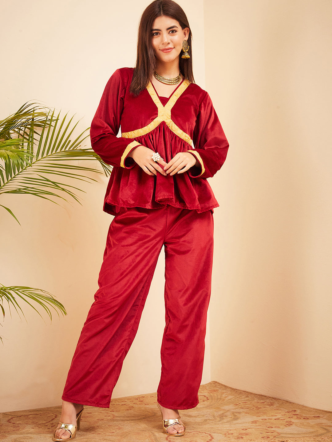 InWeave Women's Barn Red Mughal Shaan Style Velvet Short Kurta Set - Swadesiicart