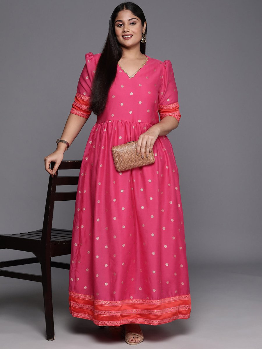 Ahalyaa Plus Size V-Neck Maxi Ethnic Dress | Swadesiicart