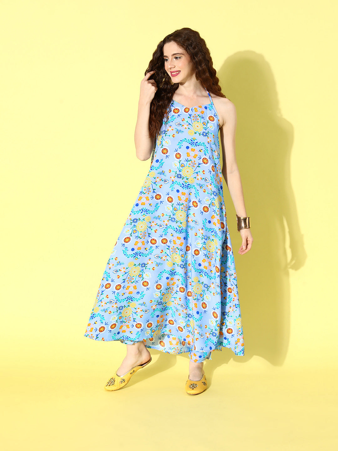 InWeave Women's Sky Blue Print Backless Long Kurta Pant Set - Swadesiicart