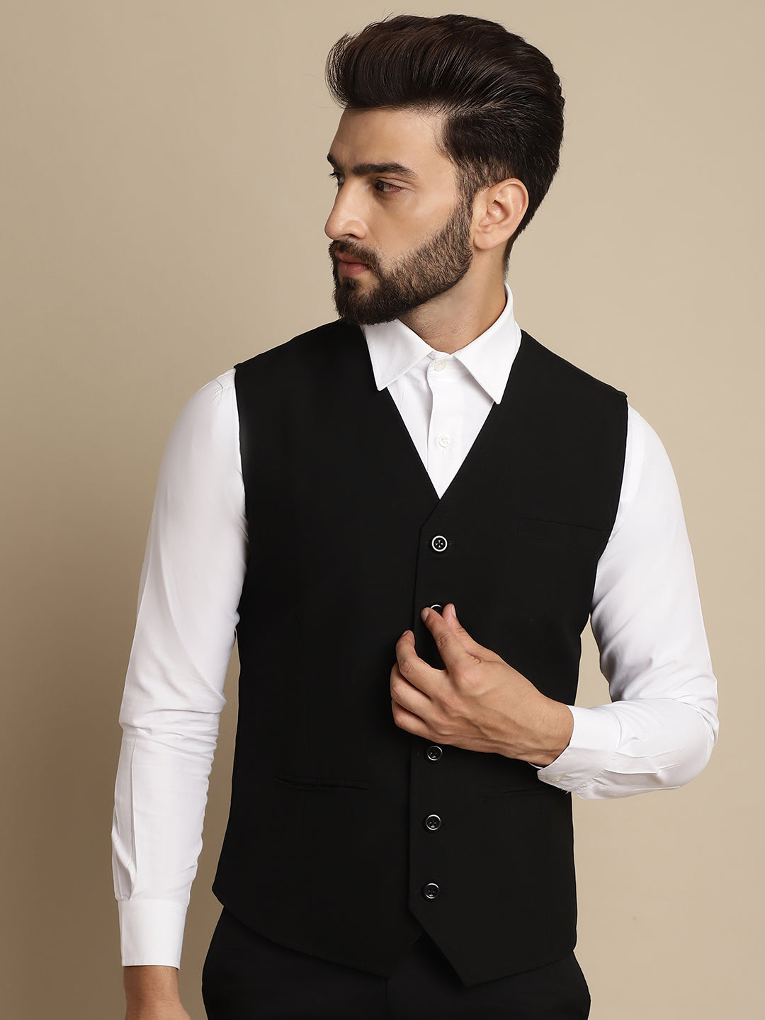 Even Apparels Men's Black Waistcoat with welt pockets | Swadesiicart