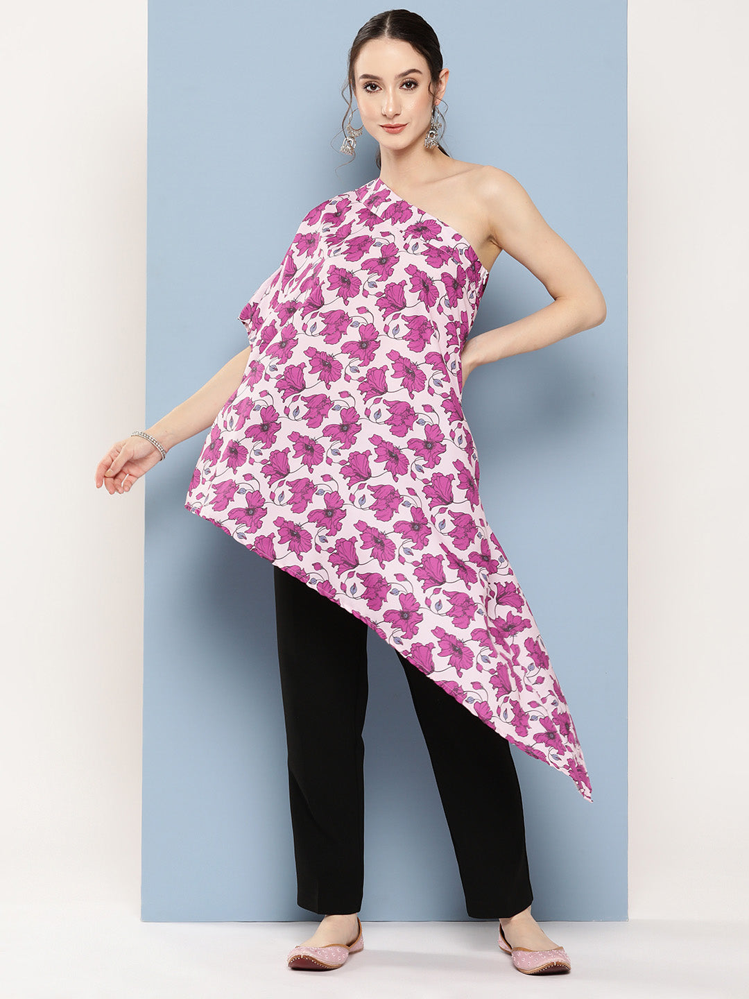 InWeave Women's Pink Fuchsia Japanese Art Oneshoulder Top - Swadesiicart