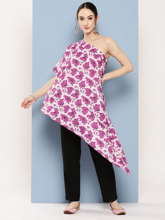InWeave Women's Pink Fuchsia Japanese Art Oneshoulder Top - Swadesiicart