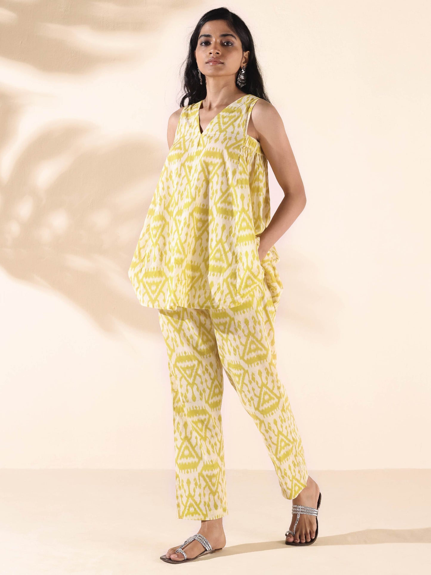 trueBrowns Lime Cotton Ikat Sleeveless Co-ord Set - Swadesiicart