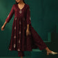 trueBrowns Wine Geometric Viscose Silk High Slit Kurta Pant Set | Swadesiicart