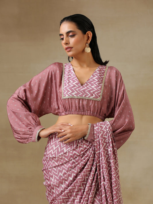 trueBrowns Dark Mauve Bandhani Printed Silk Elasticated Blouse | Swadesiicart
