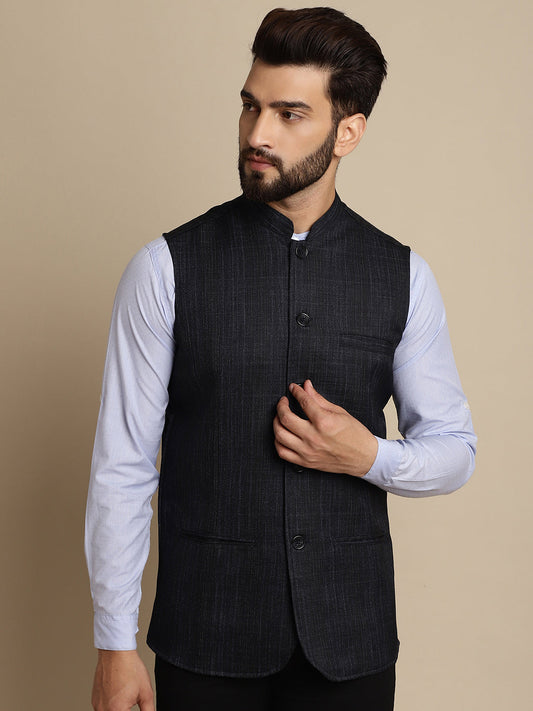 Even Apparels Men's Blue Mandarin Collar Waistcoat | Swadesiicart