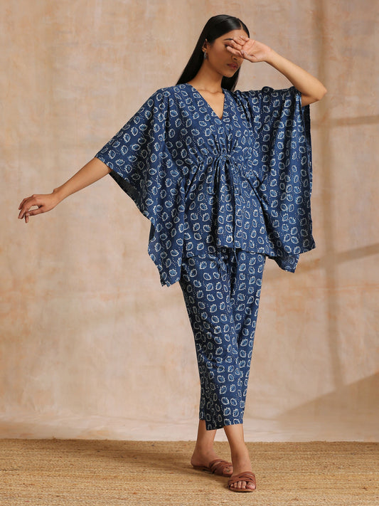 trueBrowns Indigo Dabu Floral Print Cotton Kaftan Co-Ord Set - Swadesiicart