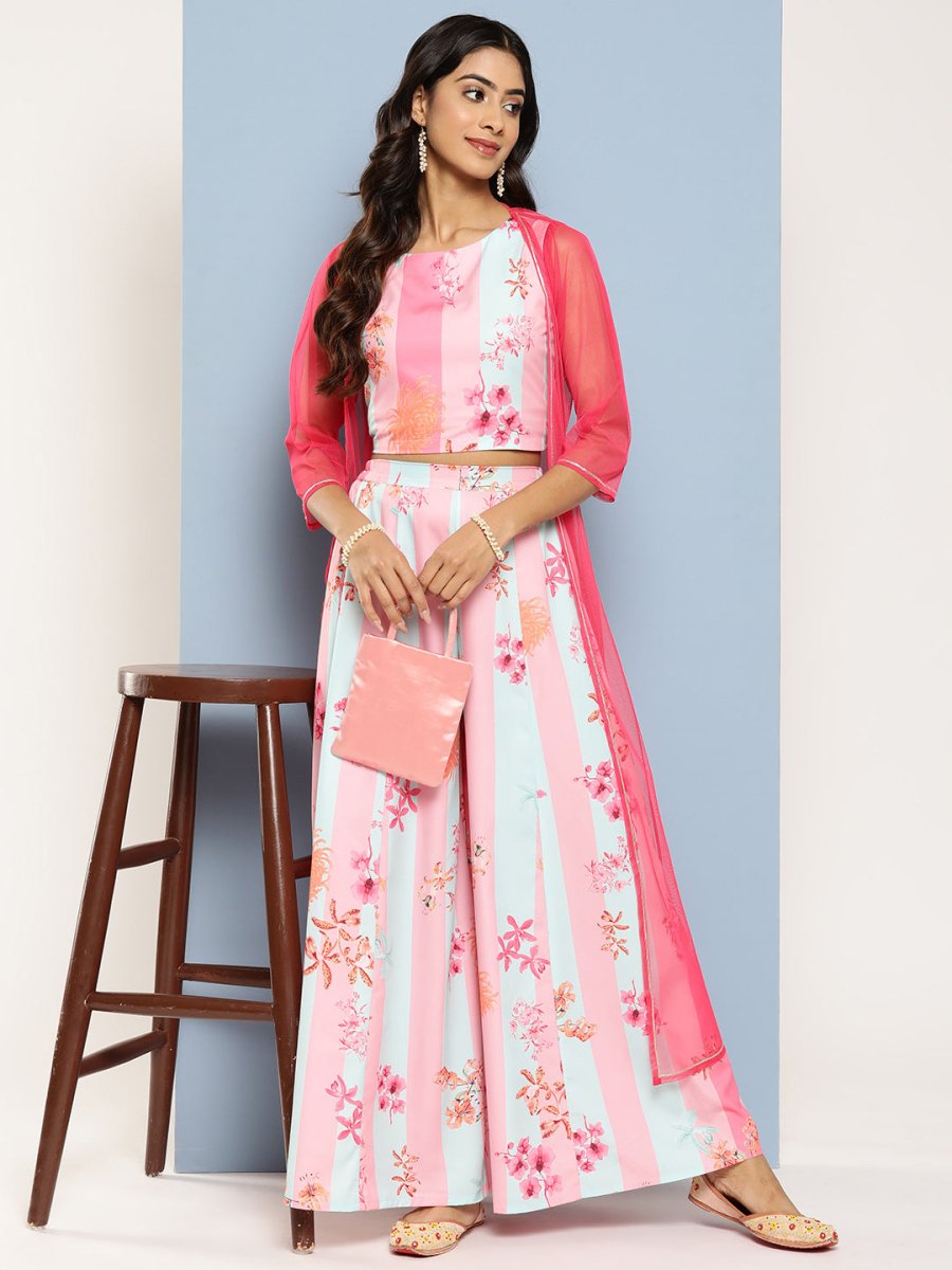 Ahalyaa Women Floral Printed Top with Palazzos & Shrug | Swadesiicart