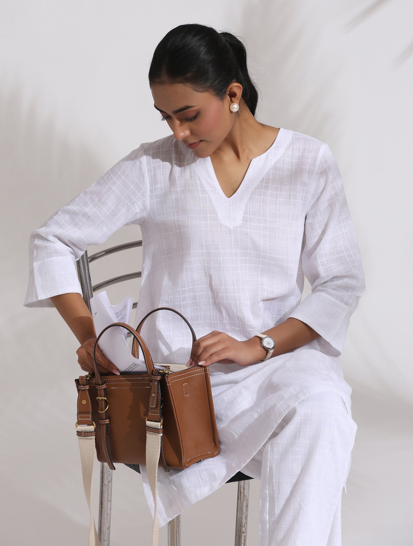trueBrowns White Cotton Check Kurta Co-ord Set - Swadesiicart