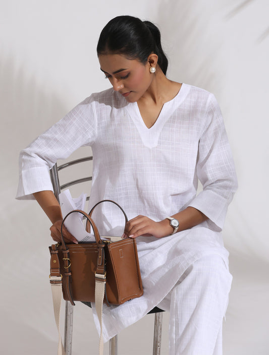 trueBrowns White Cotton Check Kurta Co-ord Set - Swadesiicart
