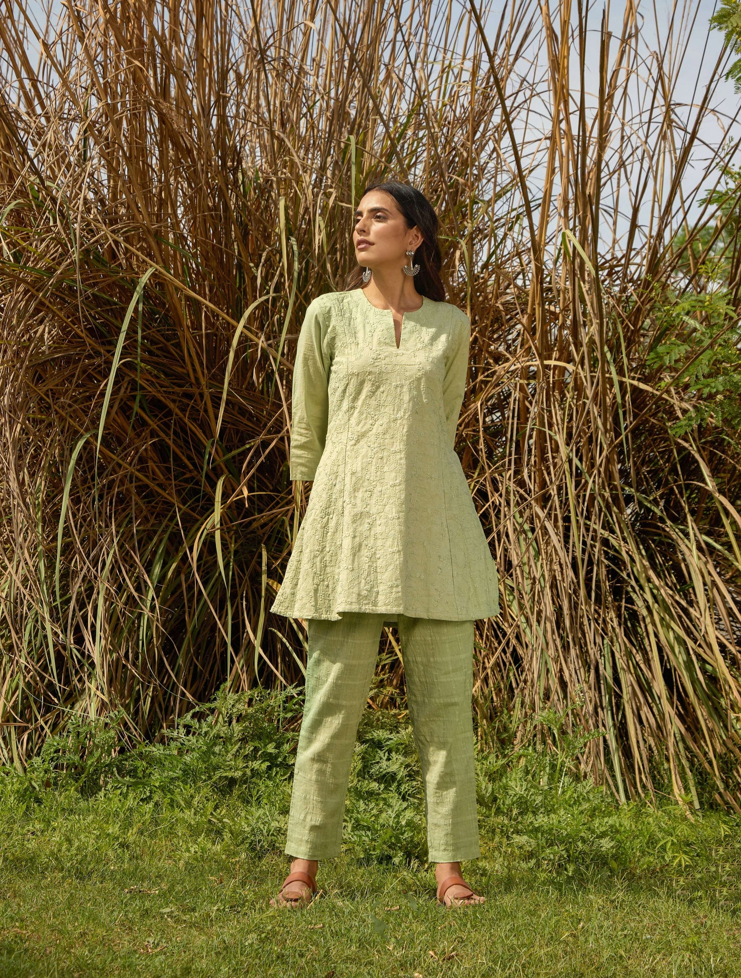 trueBrowns Green Cotton Embroidered Co-ord Set - Swadesiicart