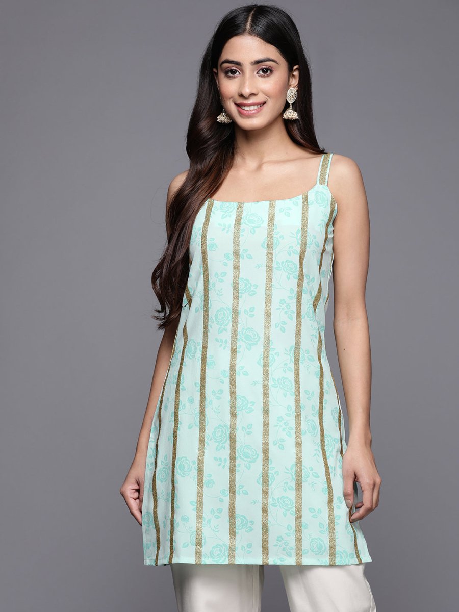 Ahalyaa Striped Floral Printed Shoulder Straps Crepe Tunic | Swadesiicart