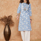 InWeave Women's Blue White Floral Square Lace Work Straight Kurta - Swadesiicart
