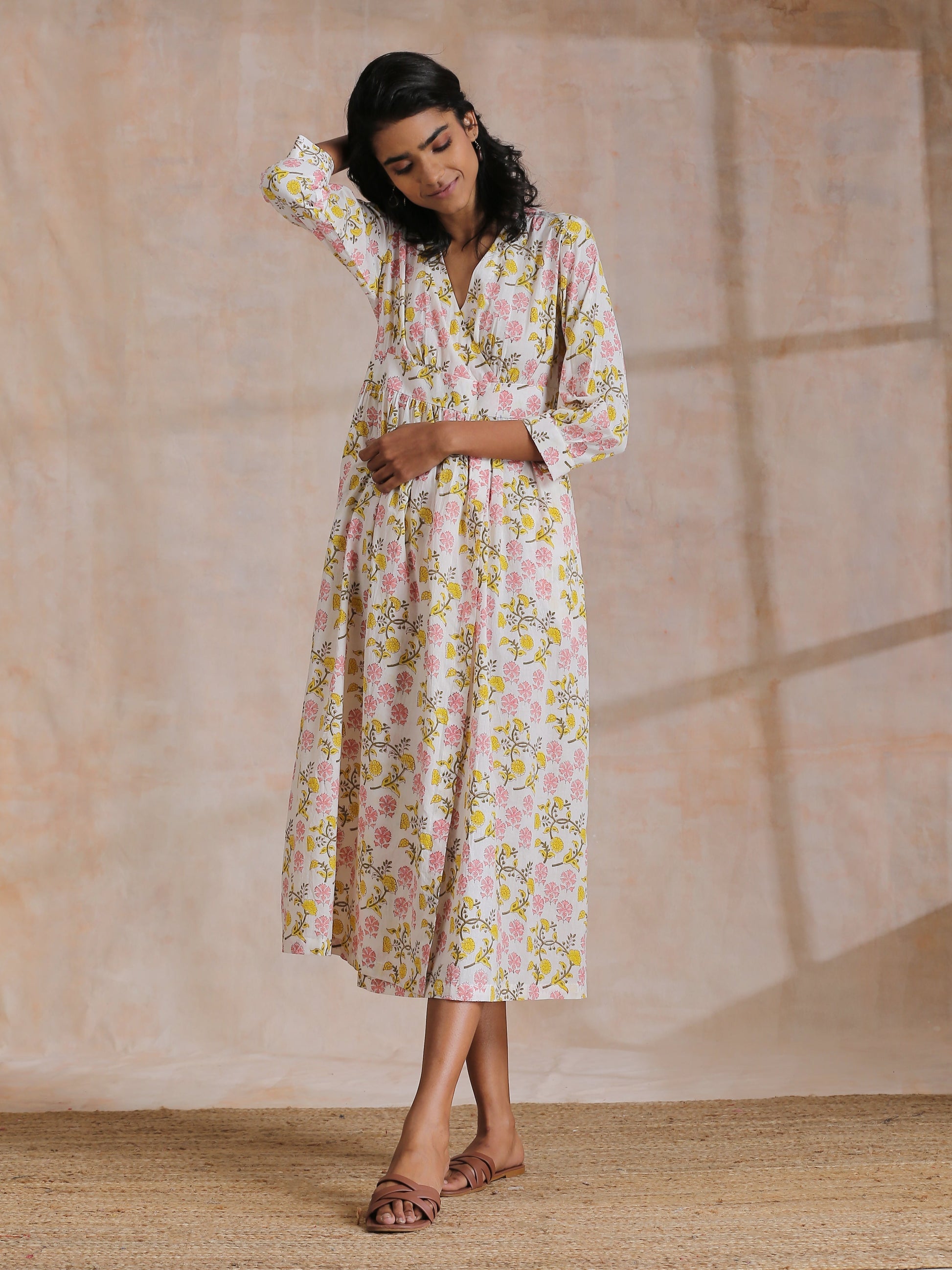 trueBrowns Pink Yellow Floral On White Block Print Cotton Wrap Dress | Relove | Swadesiicart