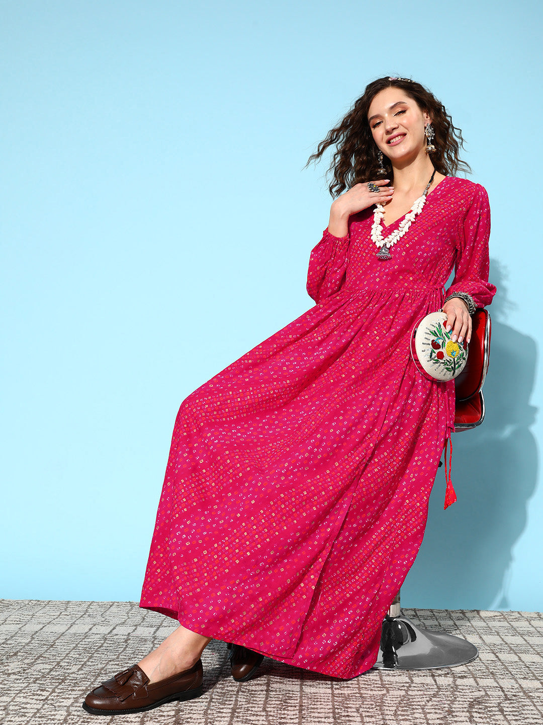 InWeave Women's Maroon Ethnic Print Wrapped Long Dress - Swadesiicart
