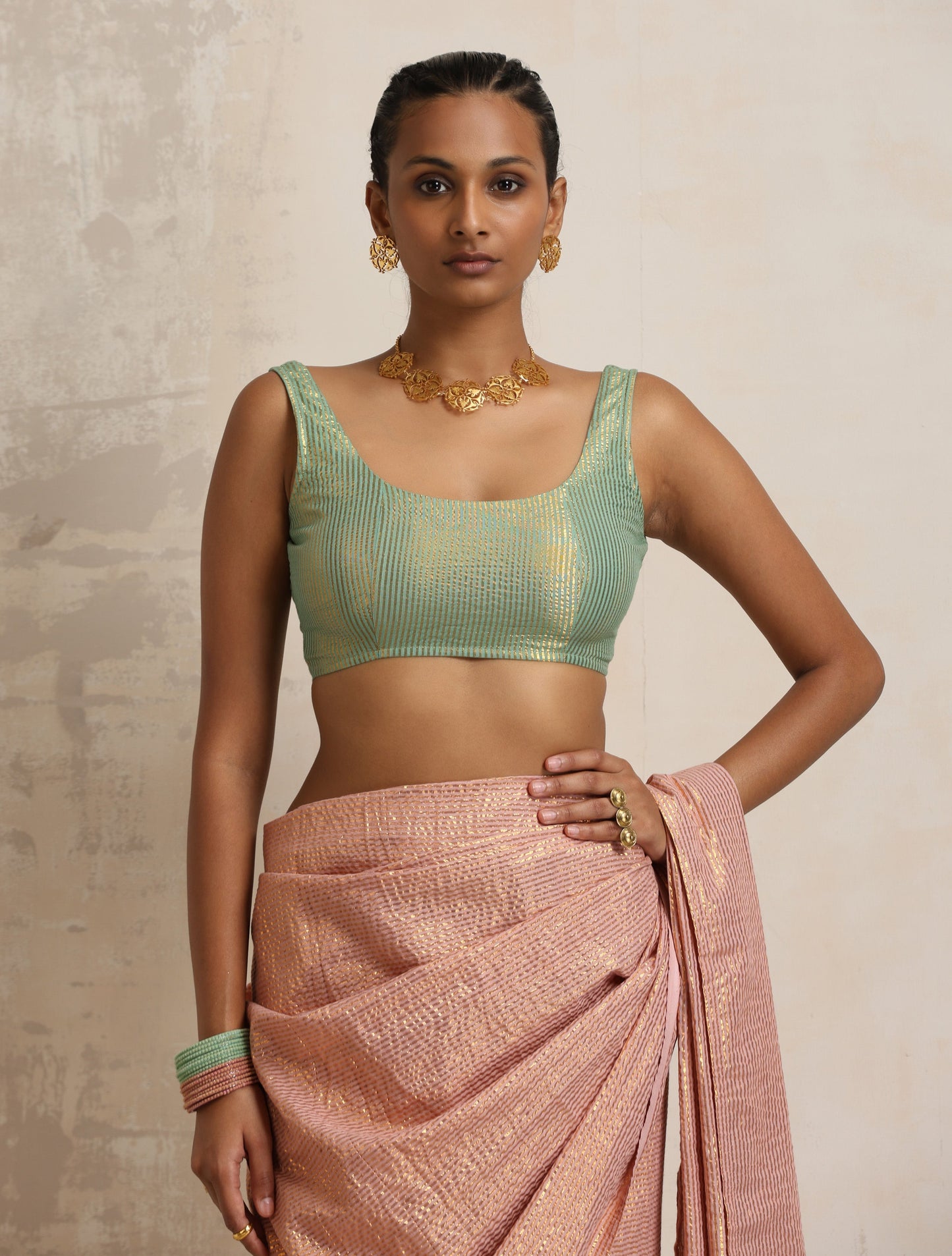 trueBrowns Green Gold Metallic Blouse | Swadesiicart