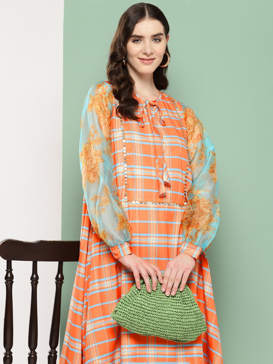Ahalyaa Checked Tie-Up Neck Sequined Ethnic A-Line Midi Dress | Swadesiicart