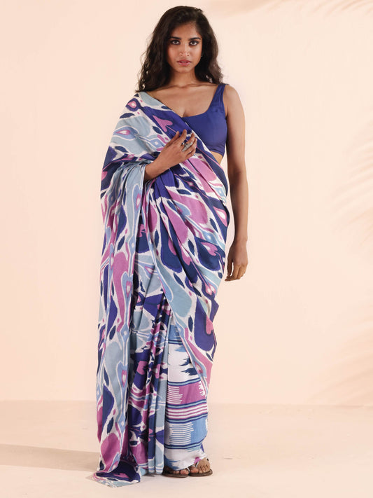 trueBrowns Blue Purple Muslin Ikat Saree | Swadesiicart