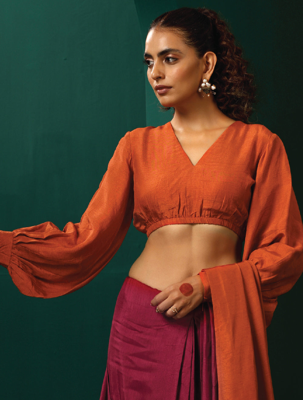 trueBrowns Rust Silk Gathered Sleeve Blouse | Swadesiicart