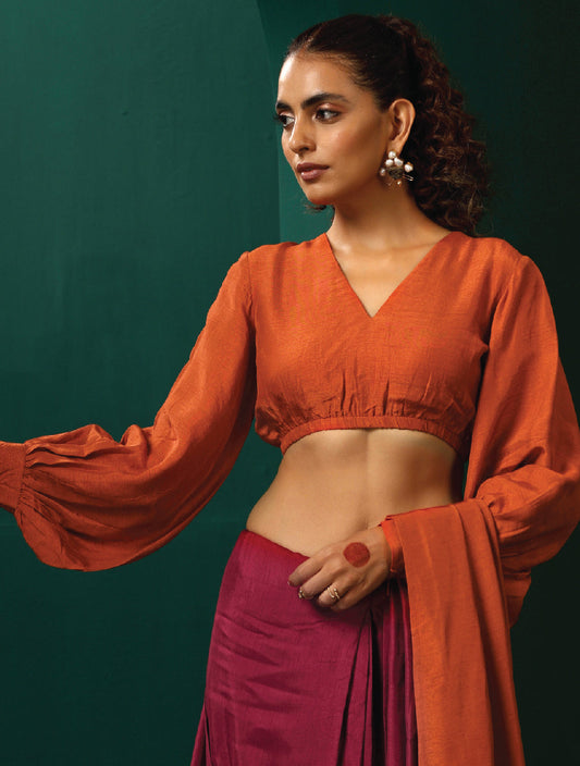 trueBrowns Rust Silk Gathered Sleeve Blouse | Swadesiicart