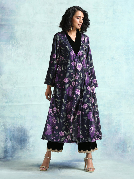 trueBrowns Black Printed Velvet Angrakha Jacket | Swadesiicart