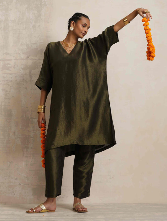 trueBrowns Olive Green Tissue Kurta Co-ord Set - Swadesiicart