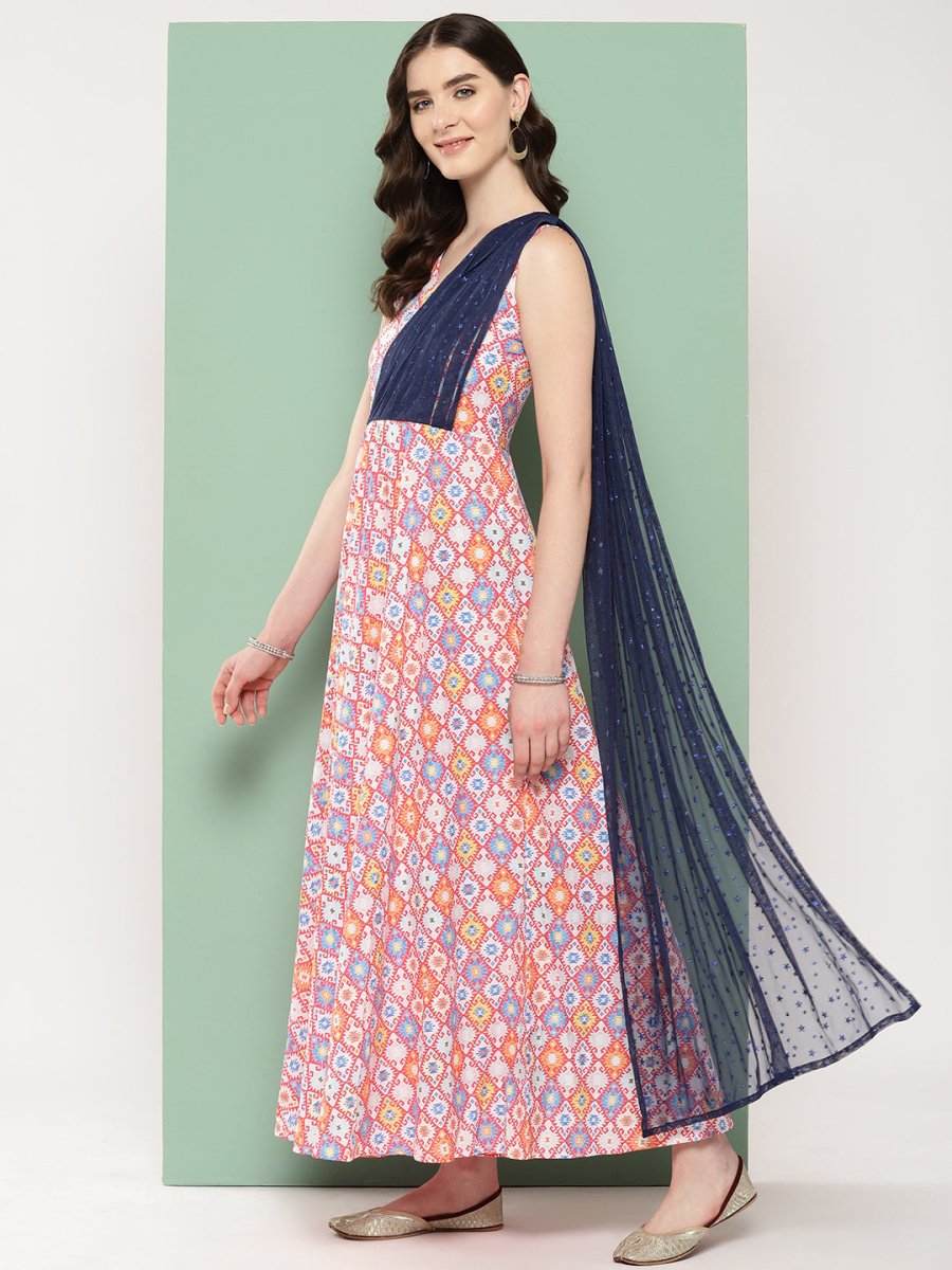 Ahalyaa Abstract Printed Empire Ethnic Dress | Swadesiicart