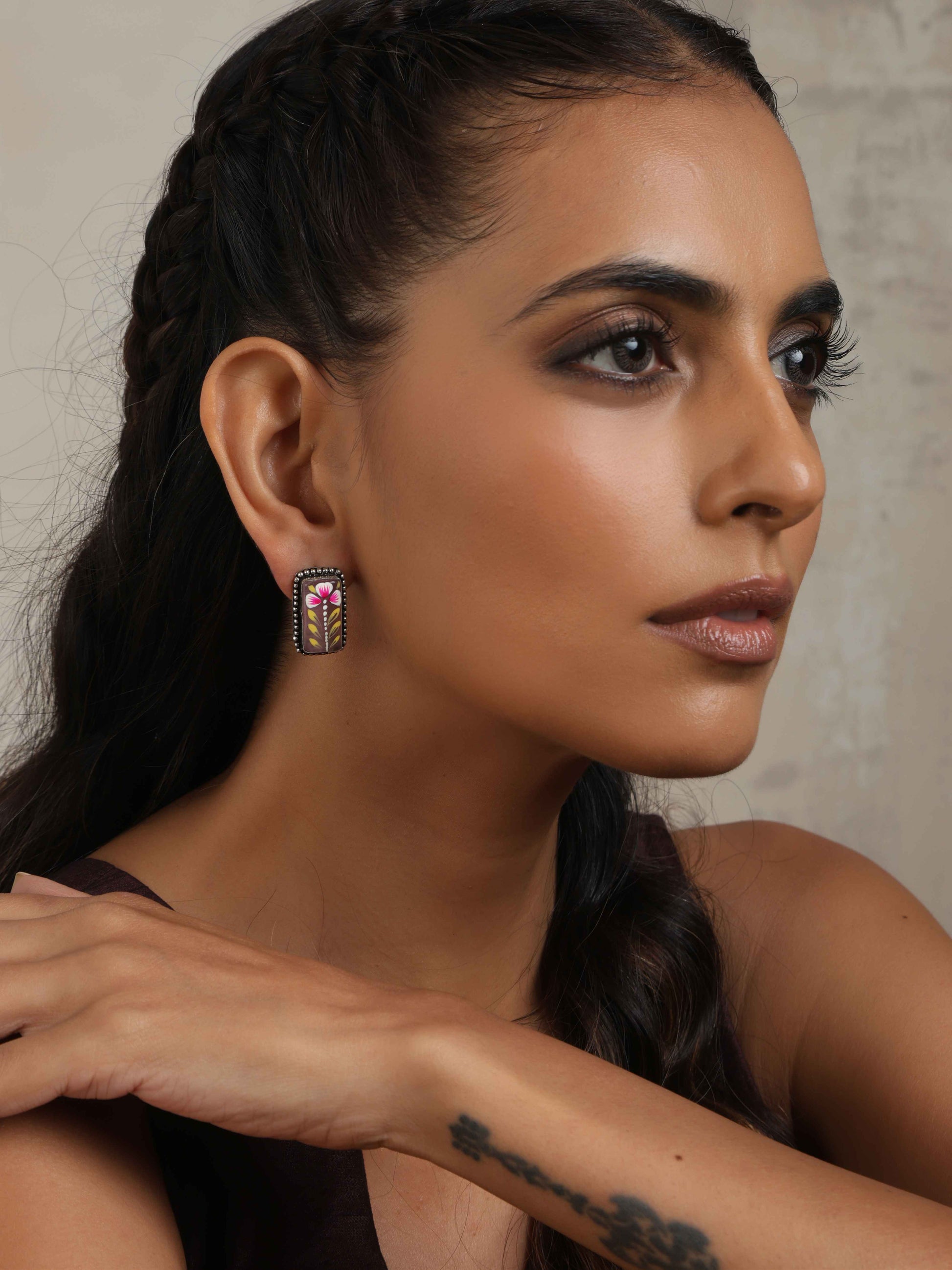 trueBrowns Silver Tone Handpainted Stud Earrings - Swadesiicart