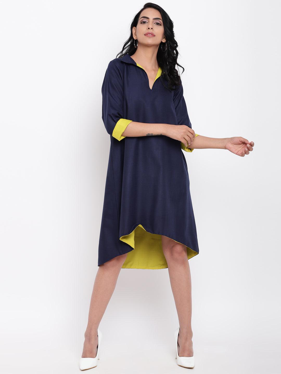trueBrowns Linen Cotton Blue Collared Dress | Swadesiicart