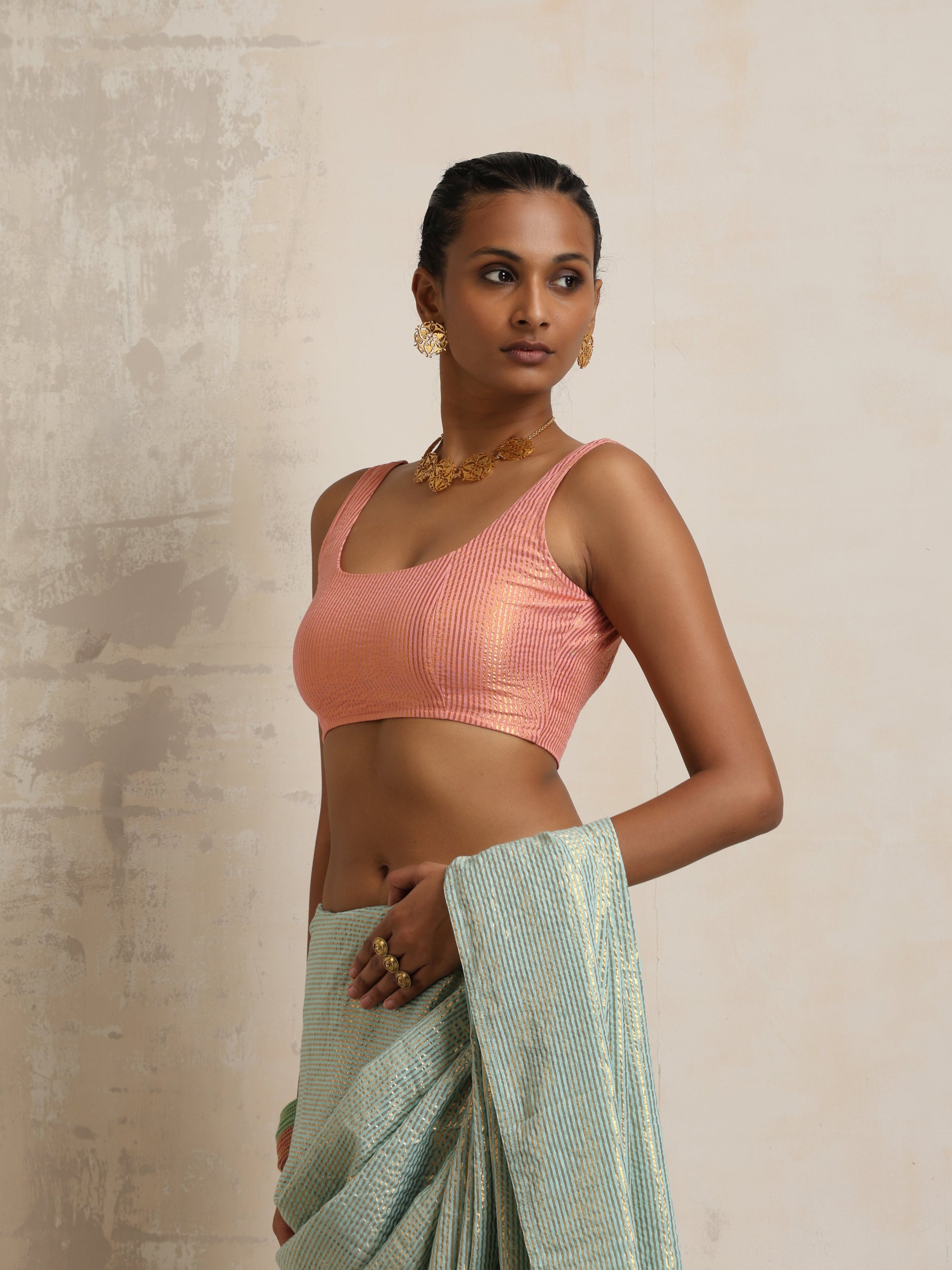 trueBrowns Peach Gold Metallic Blouse | Swadesiicart