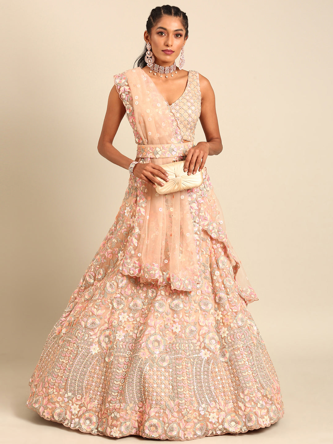 House of Panchhi Peach Net Multi Sequins with heavy Zarkan embroidery Lehenga choli & Dupatta | Swadesiicart