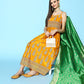 InWeave Women's Mustard Foil Print Strappy With Green Brocade Dupatta - Swadesiicart