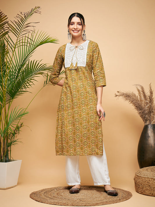 InWeave Women's Olive Ajrakh Print Cotton Patch Work Straight Kurta - Swadesiicart