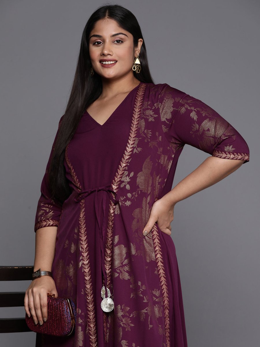Ahalyaa Plus Size Floral Print Crepe Layered A-line Maxi Ethnic Dress | Swadesiicart