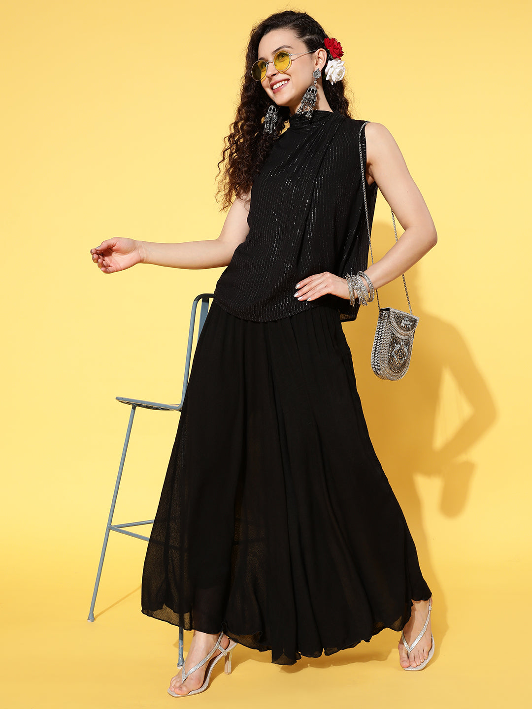 InWeave Women's Black Lurex Top With Flared Pallazo - Swadesiicart