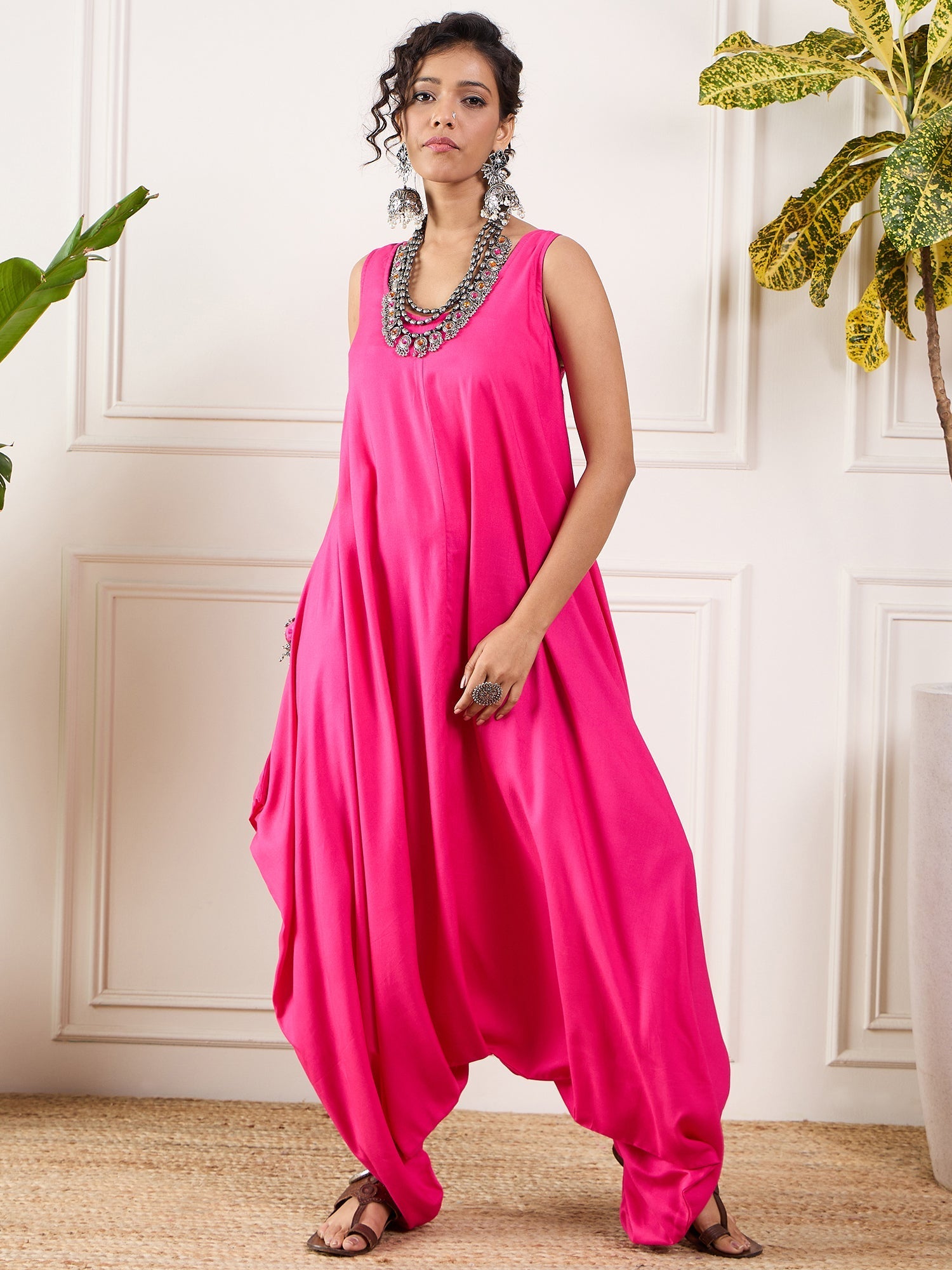 InWeave Pink Round Sleeveless Jumpsuit - Swadesiicart