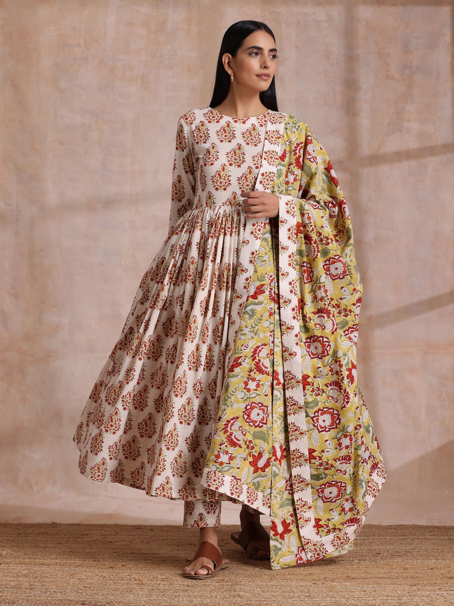 trueBrowns White With Red Yellow Buta Block Print Cotton Kurta Pant Dupatta Set | Swadesiicart