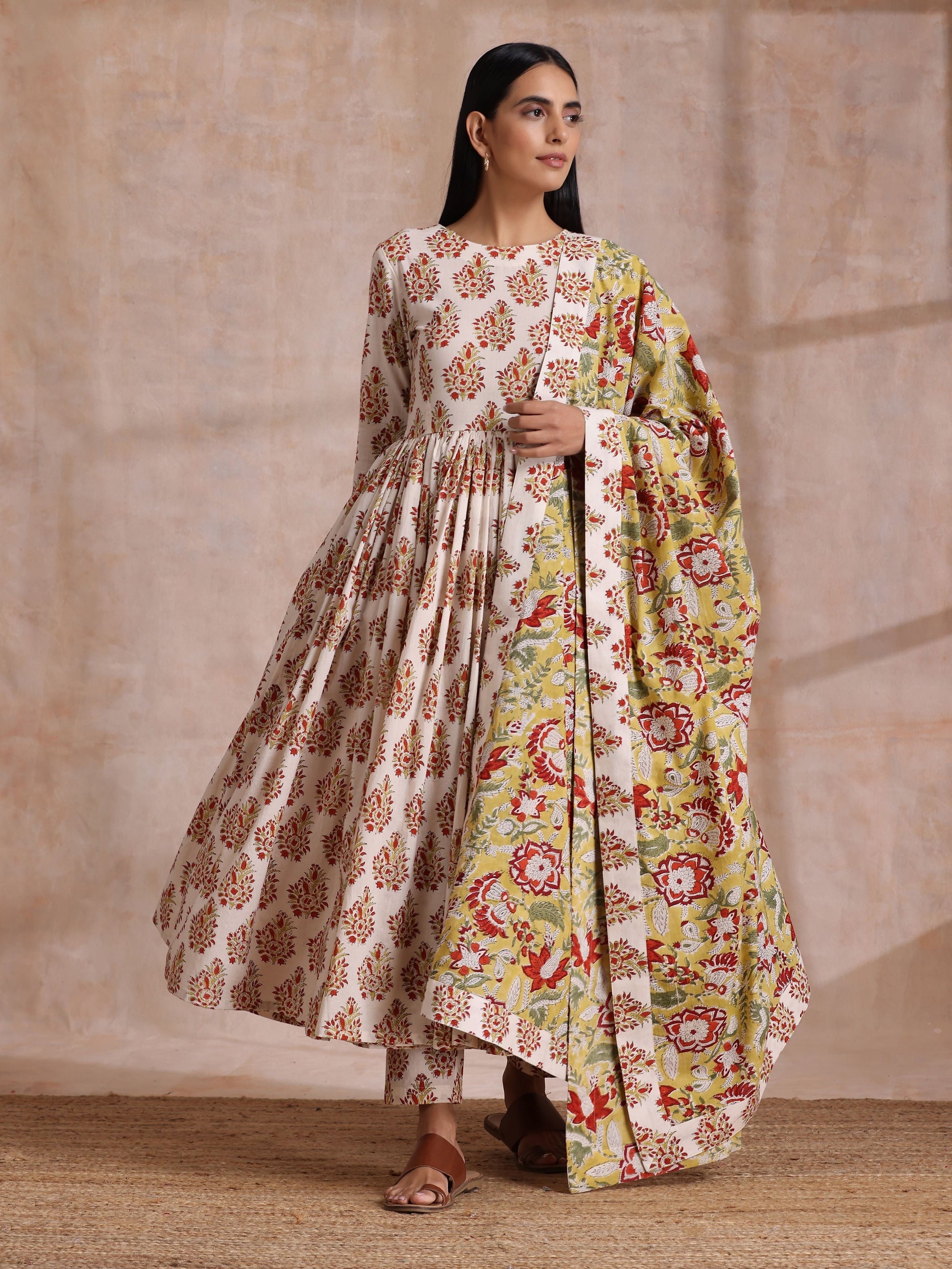 trueBrowns White With Red Yellow Buta Block Print Cotton Kurta Pant Dupatta Set | Swadesiicart
