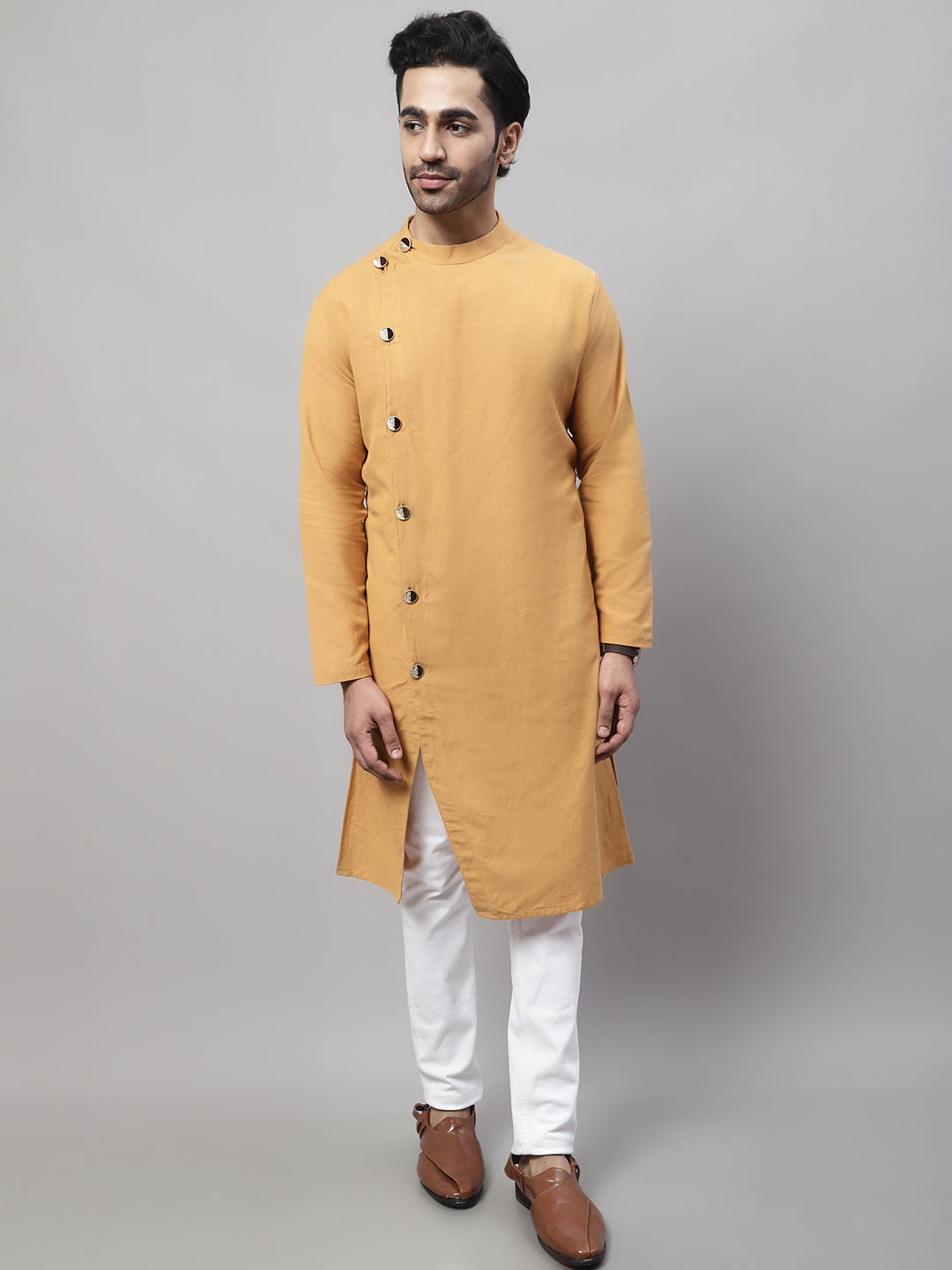 Even Apparels Mustard Sherwani Kurta With Asymetrical Cut | Swadesiicart