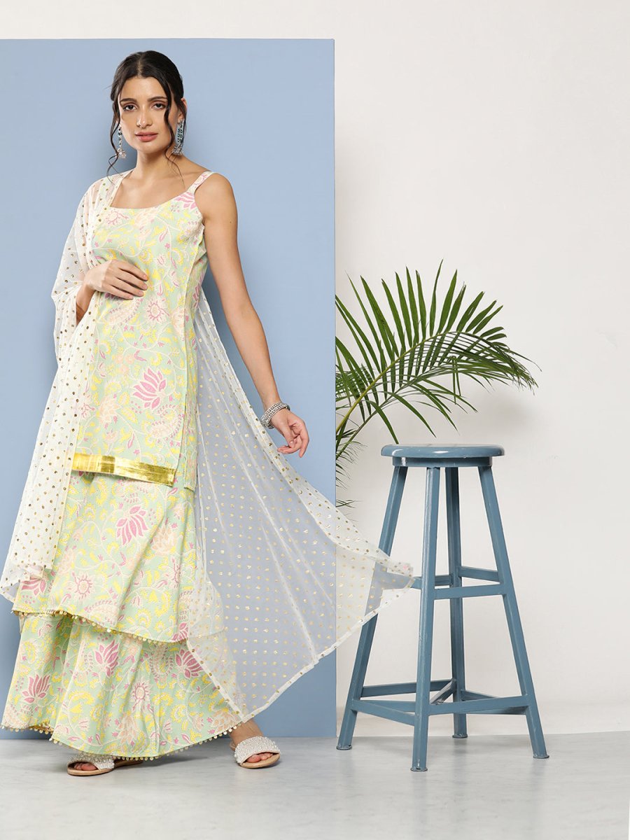 Ahalyaa Women Sea Green Floral Printed Gotta Patti Kurti with Sharara & With Dupatta | Swadesiicart