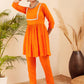 InWeave Women's Orange Round Neck Square Gota Work Kurta Pant Set - Swadesiicart