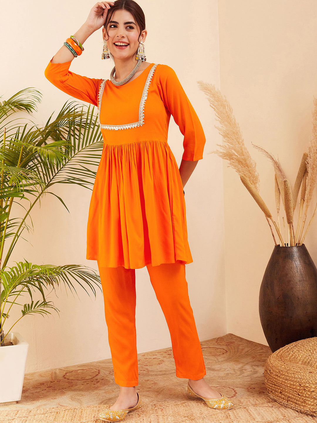 InWeave Women's Orange Round Neck Square Gota Work Kurta Pant Set - Swadesiicart