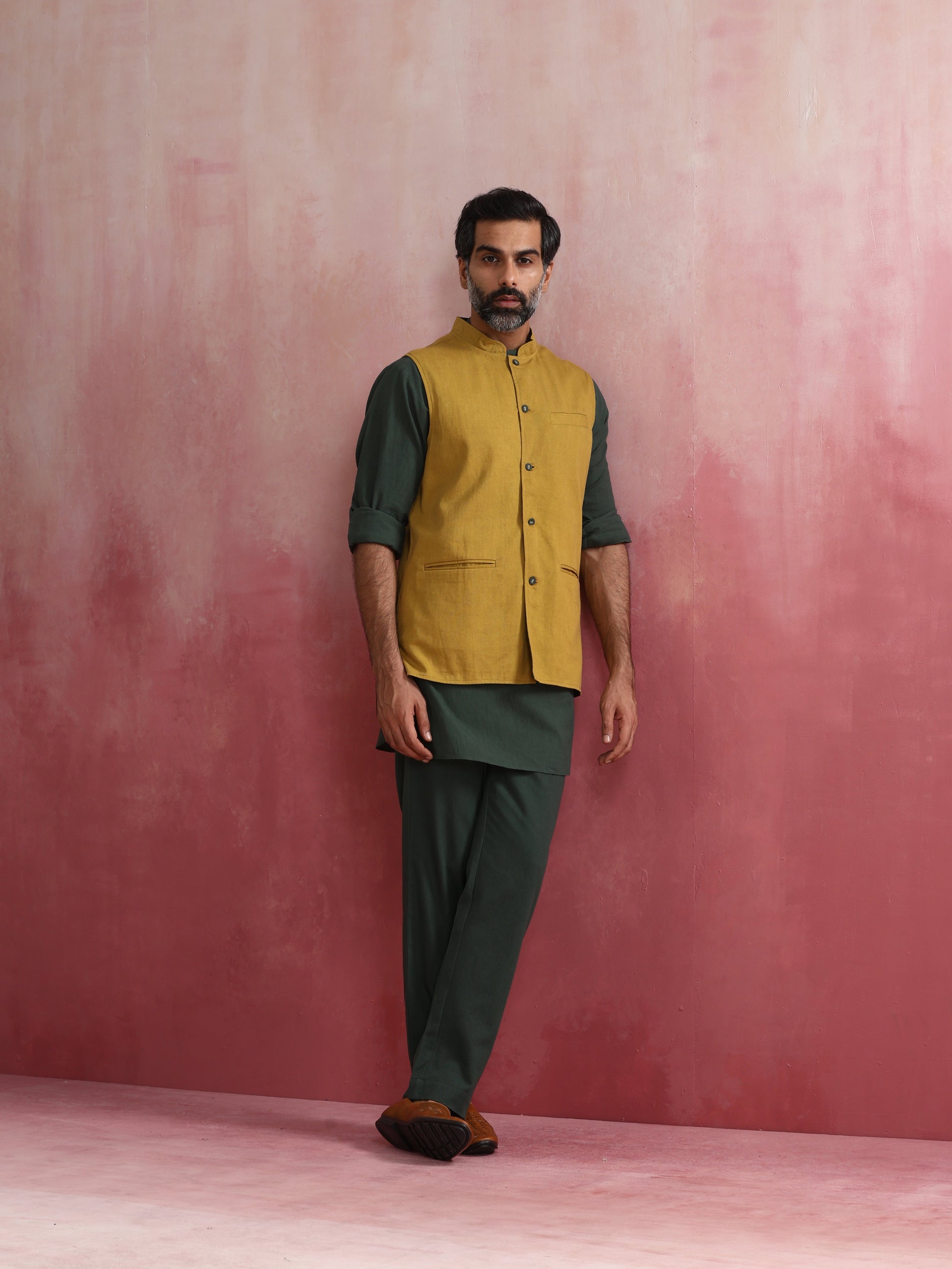 trueBrowns Men's Mustard Cotton Reversible Nehru Jacket | Swadesiicart