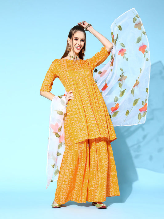InWeave Women's Yellow Bandhani Sharara Set With Dupatta - Swadesiicart
