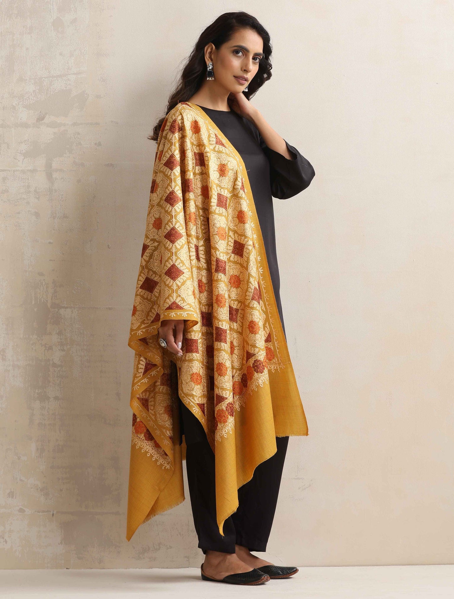 trueBrowns Mustard Embroidered Woollen Stole | Swadesiicart