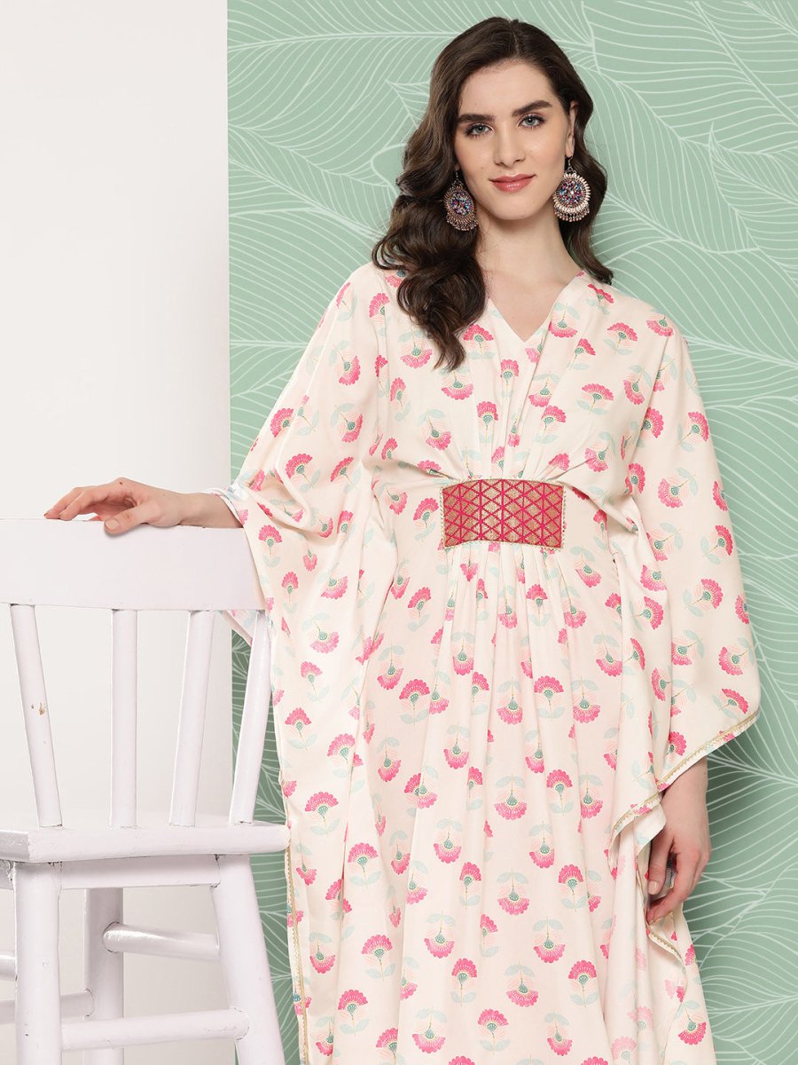 Ahalyaa Women Floral Printed Flared Sleeves Gotta Patti Crepe Kaftan Kurta | Swadesiicart