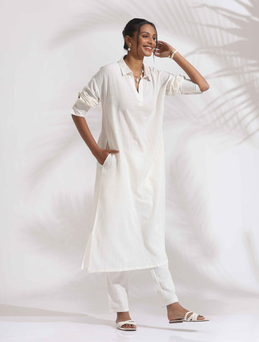 trueBrowns White Cotton A-line Kurta Set | Swadesiicart