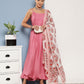 InWeave Women's Light Pink Ray Strappy Set With Red Big Floral Cotton Dupatta - Swadesiicart