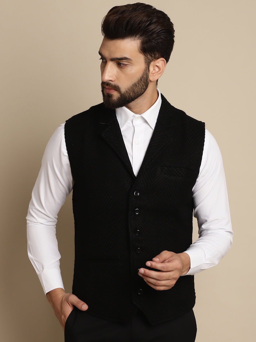 Even Apparels Men's Black Wool Waistcoat with Notched Lapel | Swadesiicart
